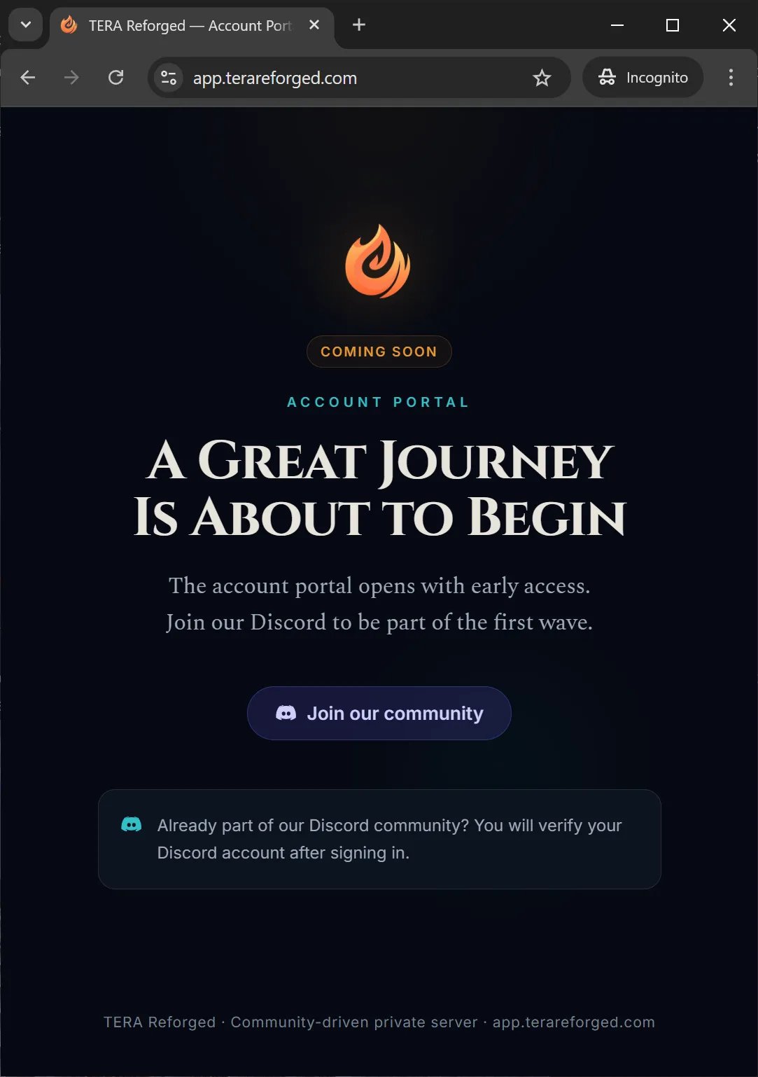 Portal de contas do TERA Reforged App em app.terareforged.com