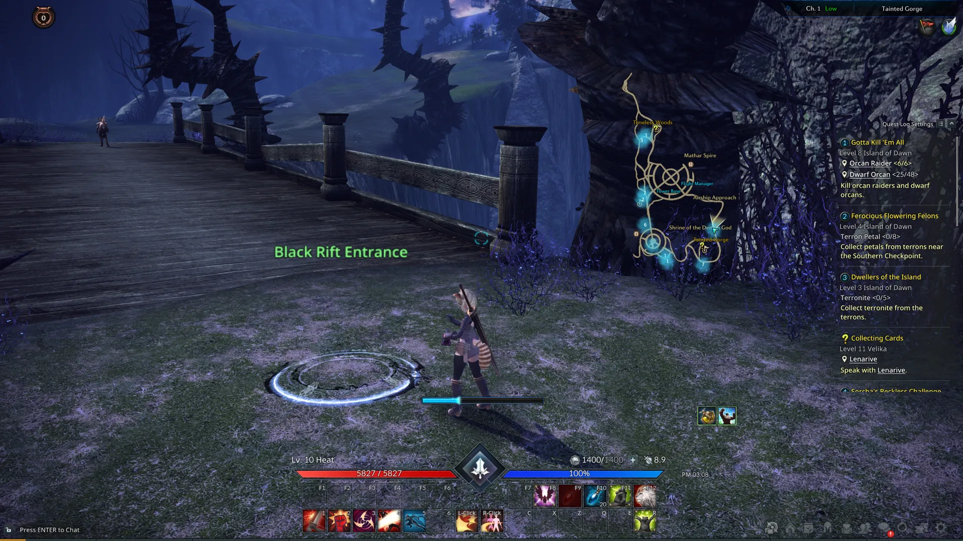 La entrada de Black Rift en Tainted Gorge, en Island of Dawn, con el portal activo en el suelo y el mapa de la región abierto en la esquina de la pantalla