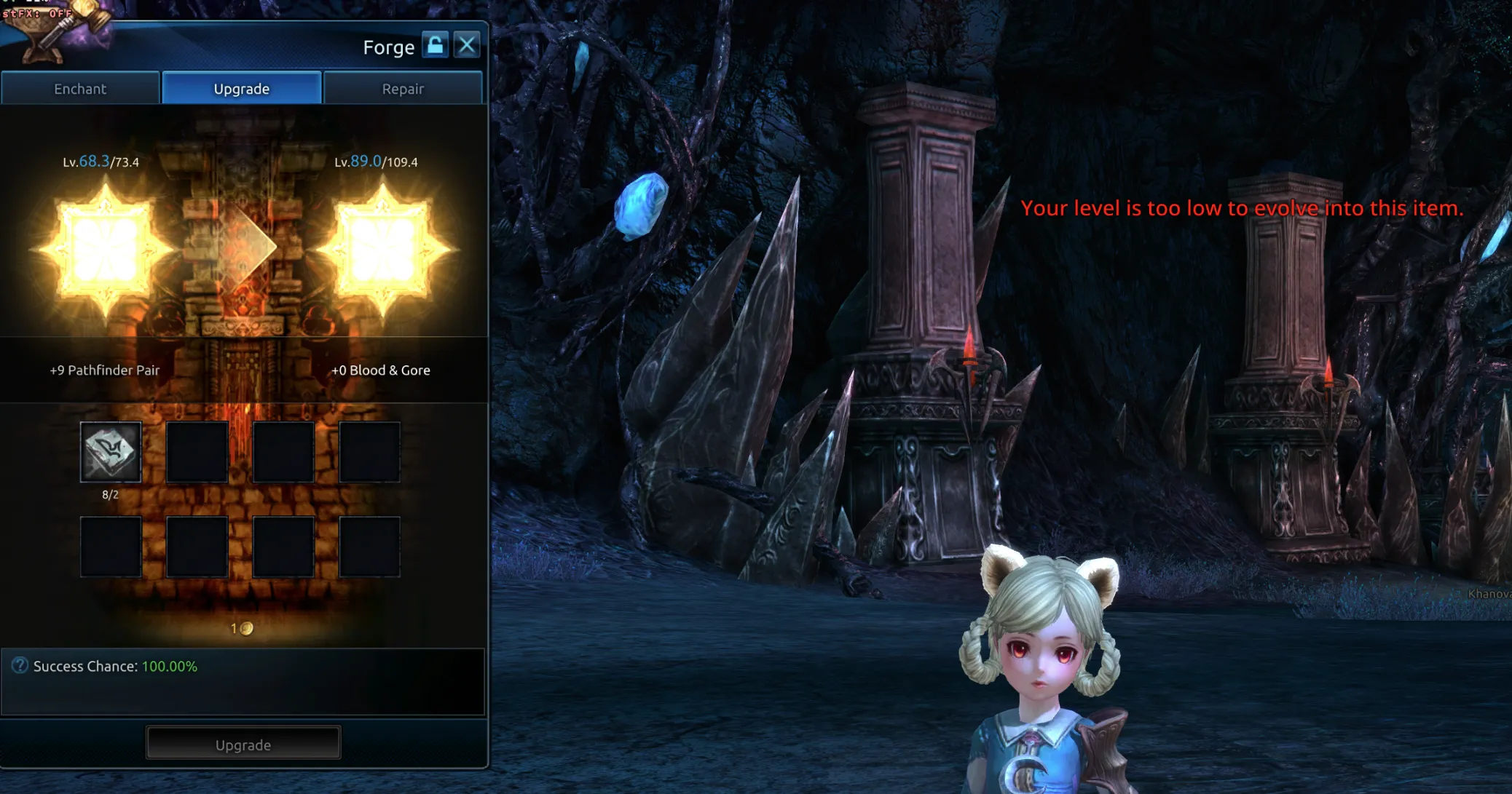 Block message shown when trying to upgrade an item beyond the character's level