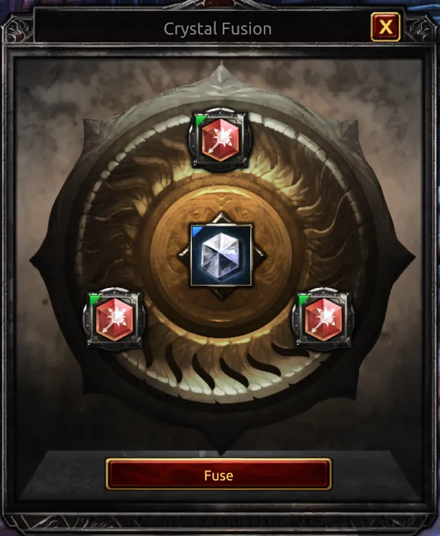 Crystal Fusion UI in TERA Reforged showing Fine crystals and a Dyad Structure