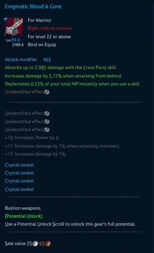Eligible weapon tooltip with Potential Unlock hint