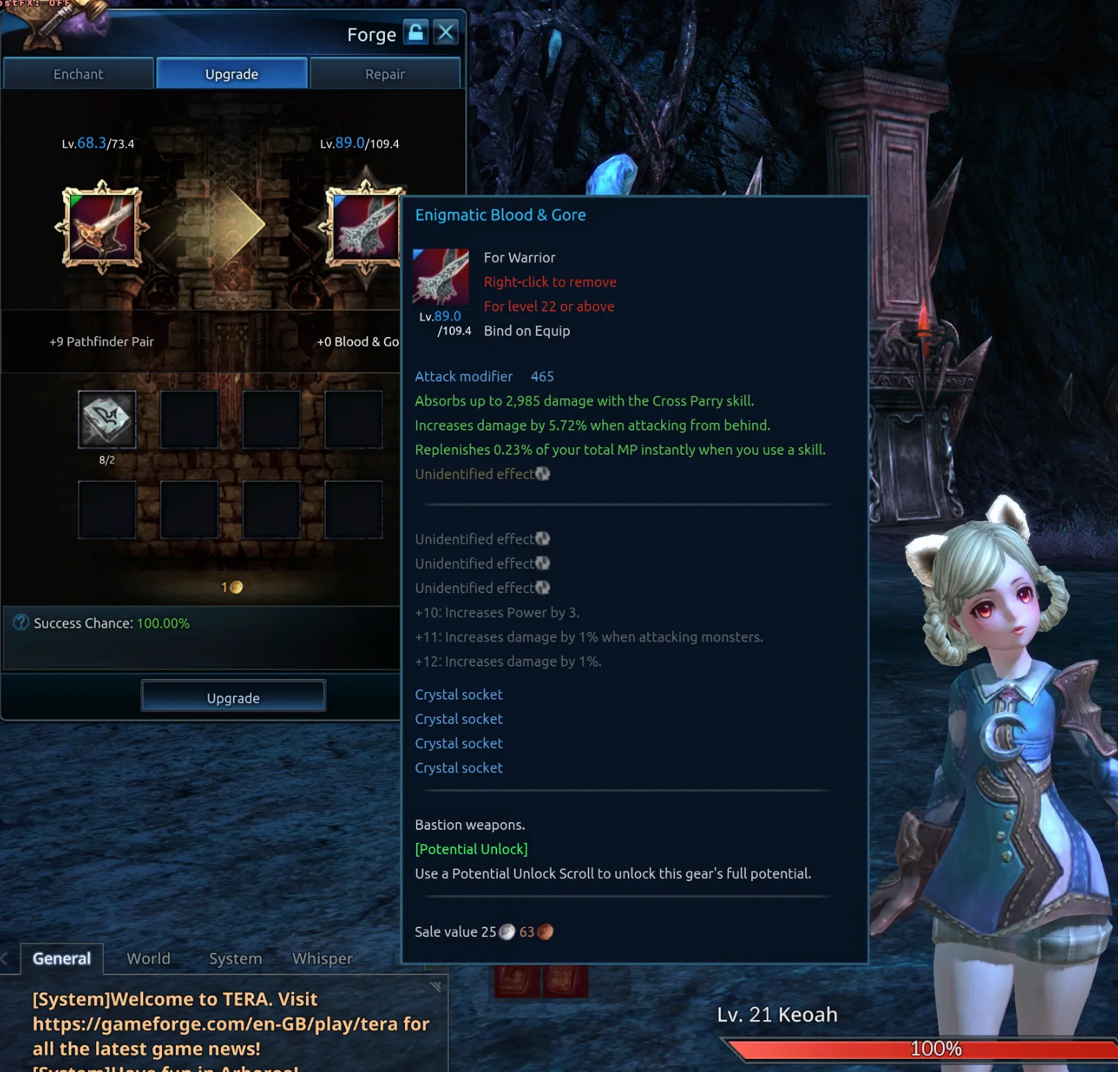 Upgrade interface showing the resulting item with a level 69 requirement while the character is level 21