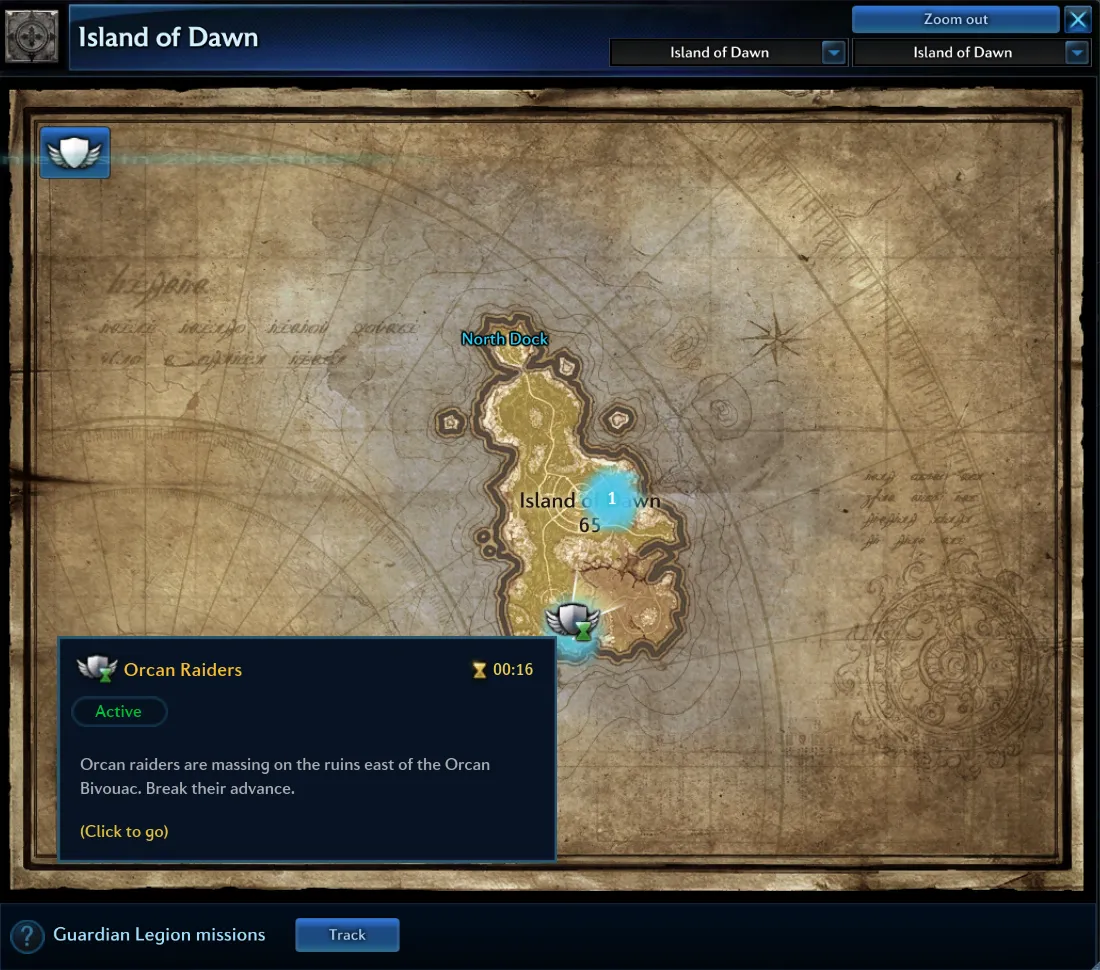 El mapa de Island of Dawn con la misión de Guardian Legion Orcan Raiders marcada como activa, con cronómetro, y la barra inferior titulada Guardian Legion missions con el botón Track