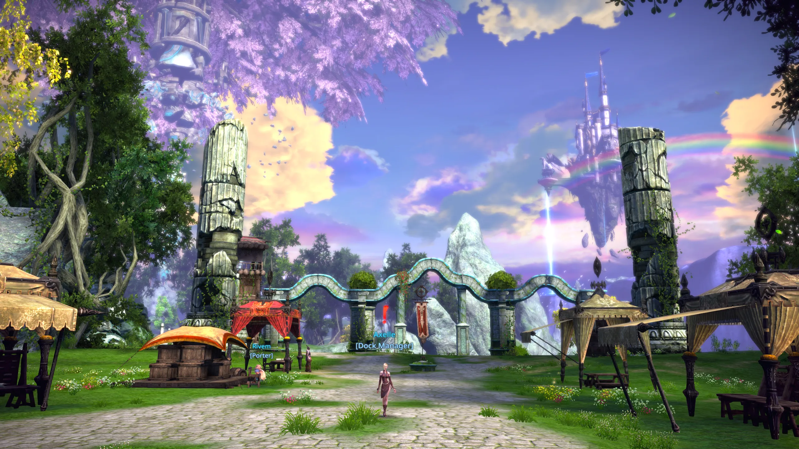 Primera vista de Island of Dawn en TERA Reforged, con el personaje recién creado en el camino hacia los NPC Rivem (Porter) y Axelle (Dock Manager), con el castillo flotante al fondo