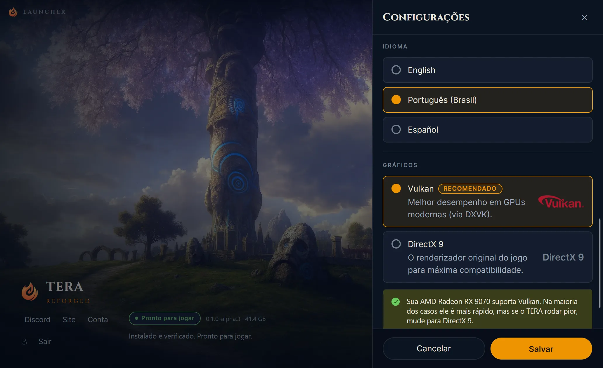 TERA Reforged launcher settings with the language section open, showing the English, Português (Brasil), and Español options, with Português (Brasil) selected