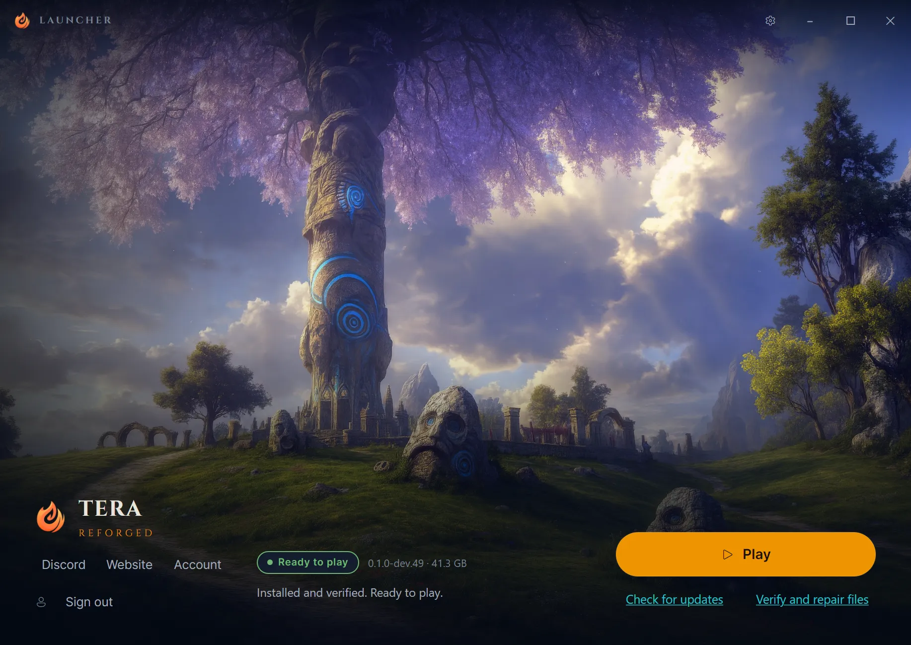 Launcher de TERA Reforged con el juego instalado y verificado, indicando 41,3 GB y el botón Play habilitado