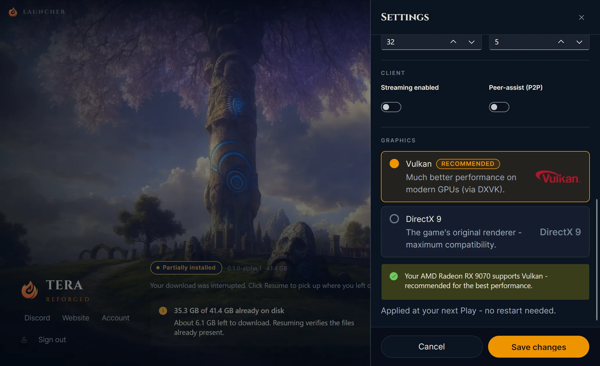 Configurações do launcher com seleção de API gráfica: Vulkan ou DirectX 9 conforme o hardware