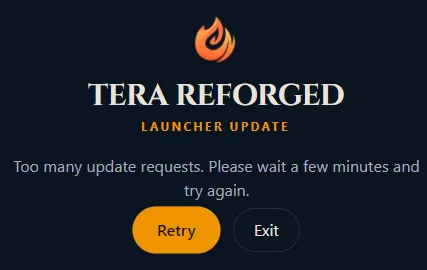 Aviso del launcher informando que hubo demasiadas solicitudes de actualización y pidiendo intentar de nuevo en unos minutos