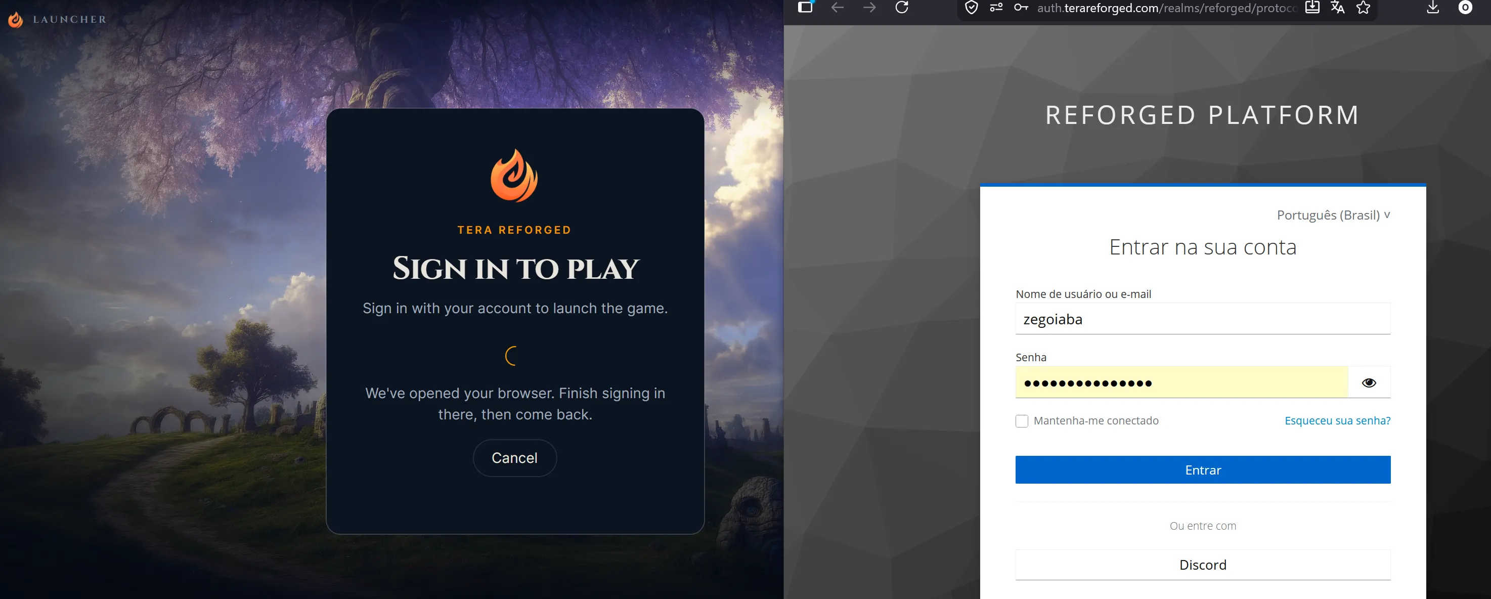 Login unificado: o launcher abre o navegador para entrar com a sua conta usando o Discord