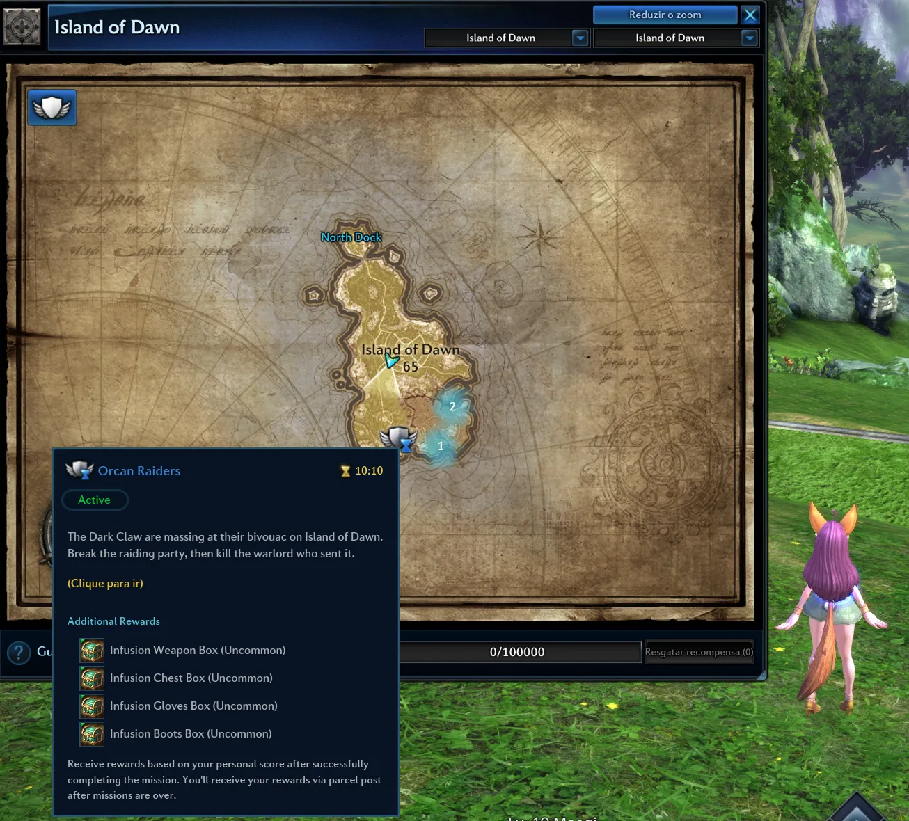 Island of Dawn map with the Orcan Raiders mission marked as active, a ten-minute timer, the objective description, and the list of additional rewards with Infusion boxes