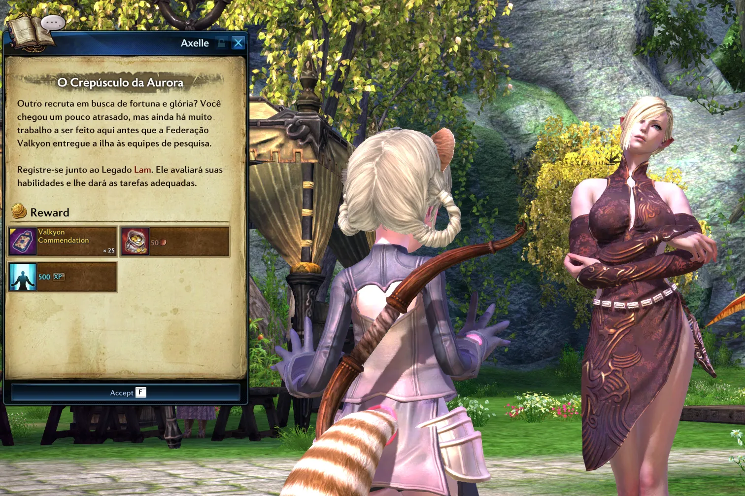 Dialogue window of the NPC Axelle with the quest O Crepúsculo da Aurora translated into Portuguese, showing a reward of 25 Valkyon Commendation, 50 copper, and 500 experience