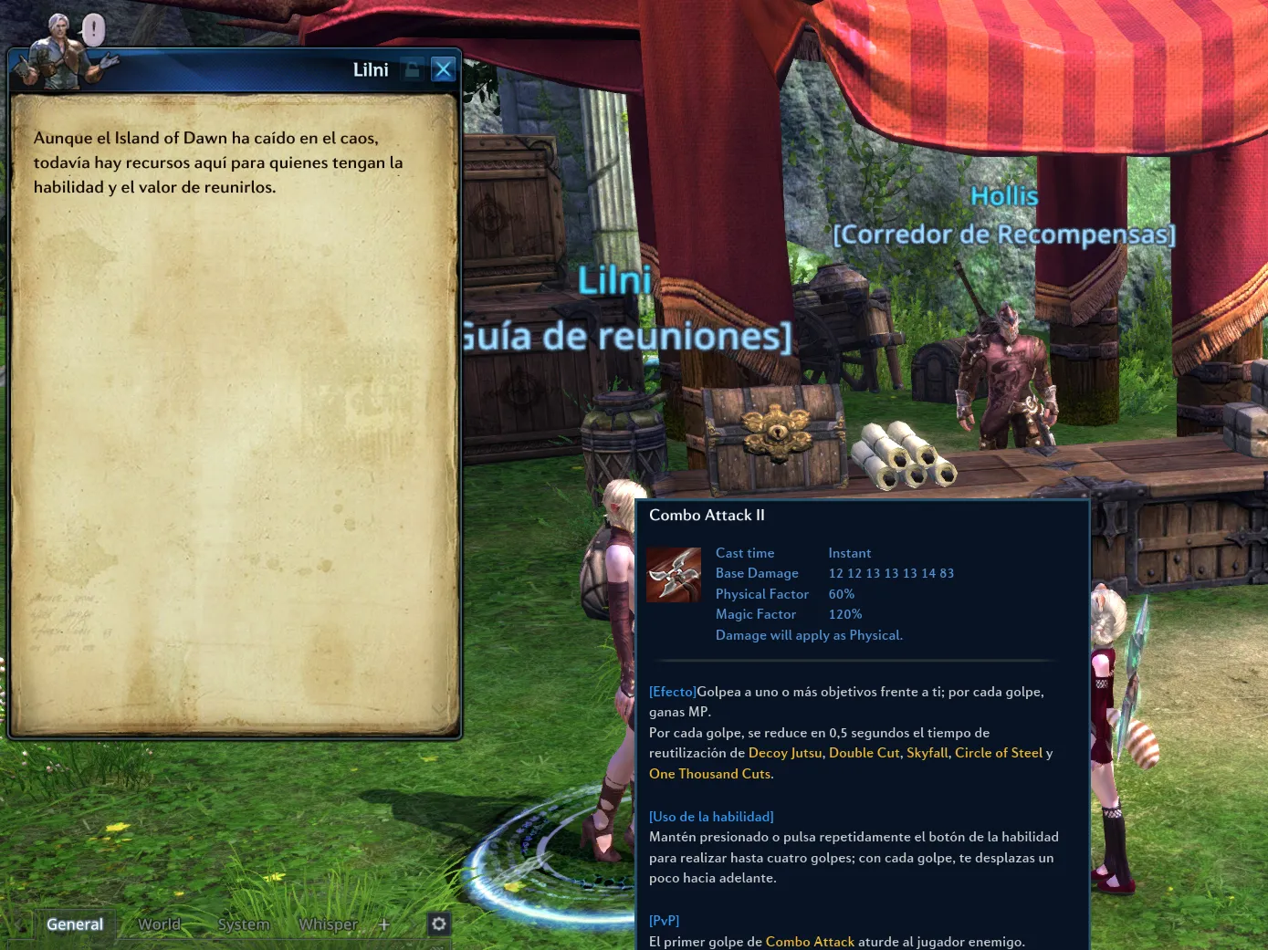 Description of the skill Combo Attack II in Spanish, with the skill name and the skills mentioned in the text kept in English and all the explanatory text translated