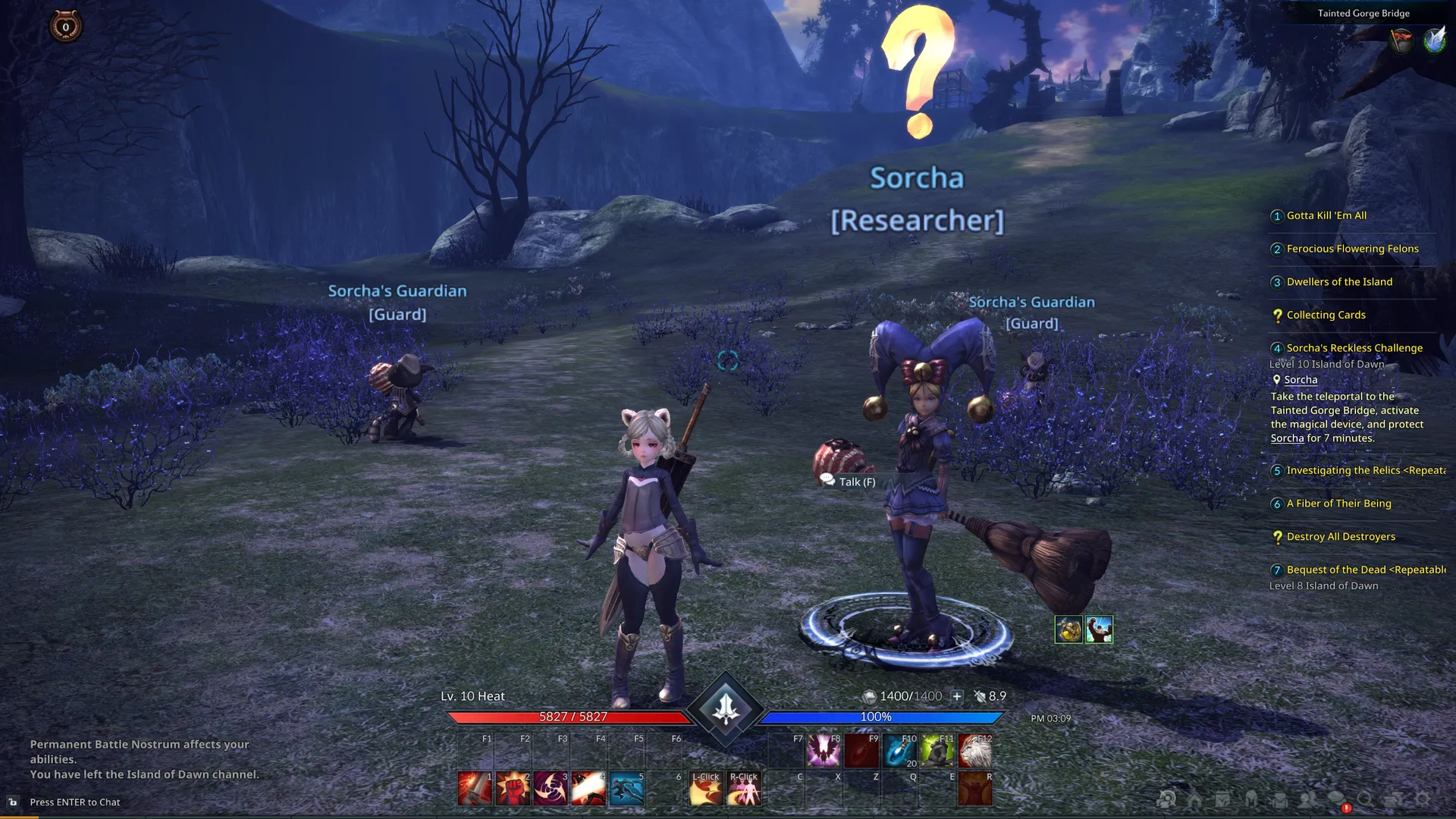 Sorcha, con la etiqueta de Researcher, y sus dos guardias en Tainted Gorge Bridge, junto al registro de Sorcha's Reckless Challenge en el diario de quests