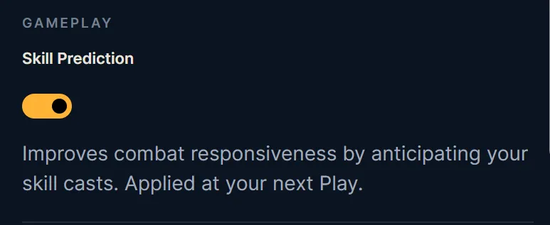 La opción de Skill Prediction activada en la sección Gameplay de la configuración del launcher, con la descripción indicando que mejora la respuesta en combate