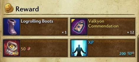 Panel de recompensa de quest con Logrolling Boots, doce Valkyon Commendations, 50 de cobre y 200 de experiencia