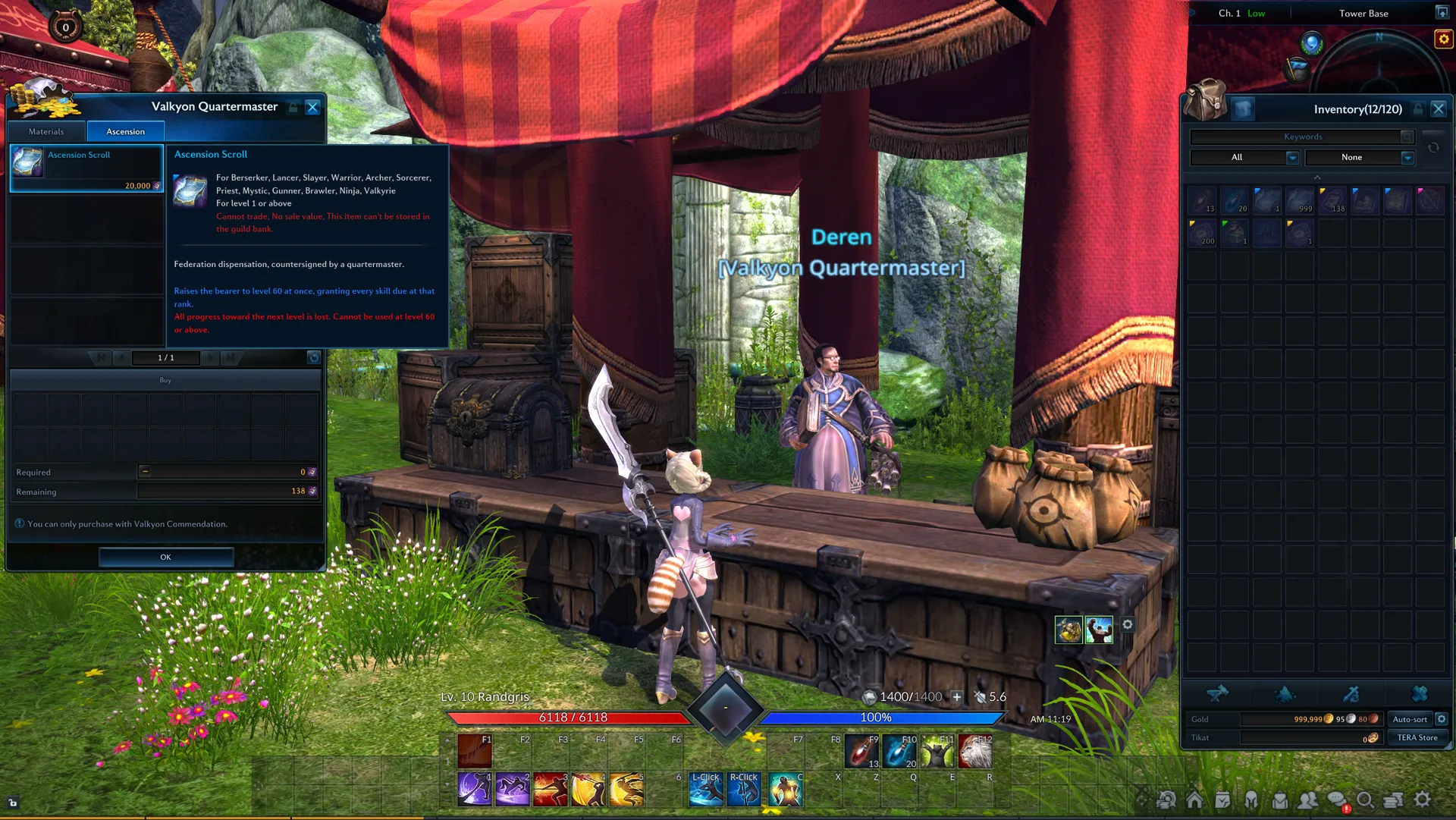La tienda del Valkyon Quartermaster en Tower Base, con la pestaña Ascension seleccionada mostrando un Ascension Scroll y el aviso de que la compra solo puede hacerse con Valkyon Commendation